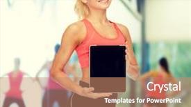  Presentation with black technology - Amazing presentation theme having fitness dieting technology and sport concept - smiling sporty woman showing tablet pc blank black screen backdrop and a coral colored foreground