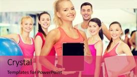  Presentation with black technology - Beautiful presentation theme featuring fitness dieting technology and sport concept - smiling sporty woman showing tablet pc blank black screen backdrop and a red colored foreground