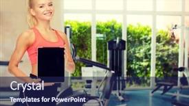  Presentation with black technology - Cool new presentation theme with fitness dieting technology and sport concept - smiling sporty woman showing tablet pc blank black screen backdrop and a navy blue colored foreground