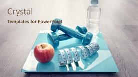  Presentation with tape measure - Beautiful presentation theme featuring fitness-dumbbells-bathroom-scales-apple backdrop and a  colored foreground