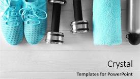  Presentation with fitness - Audience pleasing PPT theme consisting of fitness equipment on wooden background backdrop and a light gray colored foreground