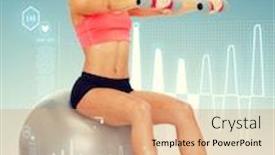  Presentation with diet - PPT layouts featuring fitness exercise and diet concept - smiling sporty woman with dumbbells sitting on fitness ball background and a coral colored foreground