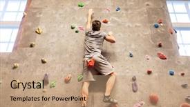  Presentation with young healthy people - Presentation theme with fitness extreme sport bouldering people and healthy lifestyle concept - young man exercising at indoor climbing gym background and a coral colored foreground