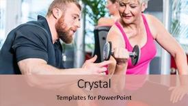  Presentation with senior fitness - PPT theme enhanced with fitness free - senior woman working background and a coral colored foreground