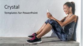  Presentation with music motivation - PPT theme featuring fitness girl choosing music motivation background and a light gray colored foreground