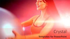  Presentation with aerobics - Slide set having fitness girl exercising in gym with ball woman with fitball works in multi-colored rays at aerobics of sport room portrait of full-length in profile with lens flare dreams of slender body background and a coral colored foreground