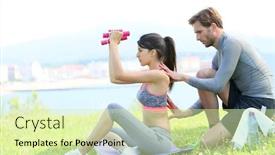  Presentation with coach - Amazing PPT theme having fitness-girl-with-coach-working backdrop and a soft green colored foreground