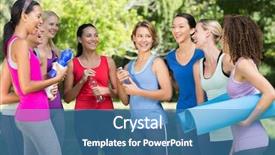  Presentation with group fitness - Presentation theme enhanced with fitness group chatting in park on a sunny day background and a teal colored foreground