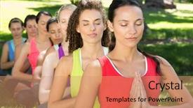  Presentation with group fitness - Slides having fitness group doing yoga in park on a sunny day background and a coral colored foreground