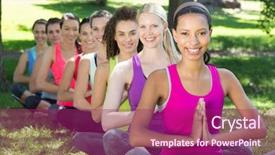  Presentation with group fitness - Colorful theme enhanced with fitness group doing yoga in park on a sunny day backdrop and a violet colored foreground