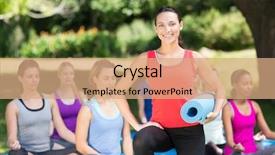  Presentation with group fitness - Audience pleasing presentation theme consisting of fitness group doing yoga in park on a sunny day backdrop and a coral colored foreground