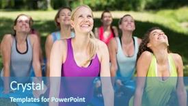  Presentation with group fitness - Slide deck featuring fitness group doing yoga in park on a sunny day background and a ocean colored foreground