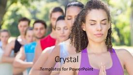  Presentation with group fitness - Beautiful theme featuring fitness group doing yoga in park on a sunny day backdrop and a coral colored foreground