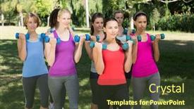  Presentation with lifting weights - Presentation theme enhanced with fitness group lifting hand weights in park on a sunny day background and a tawny brown colored foreground
