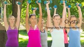  Presentation with lifting weights - Cool new PPT theme with fitness group lifting hand weights in park on a sunny day backdrop and a coral colored foreground