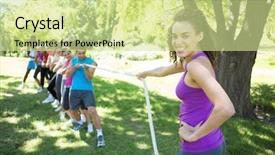  Presentation with group fitness - Audience pleasing presentation theme consisting of fitness group playing tug of war on a sunny day backdrop and a soft green colored foreground