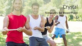  Presentation with group fitness - Slides featuring fitness group playing tug of war on a sunny day background and a soft green colored foreground