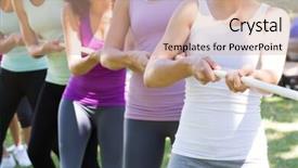 Presentation with group fitness - Theme having fitness group playing tug of war on a sunny day background and a coral colored foreground