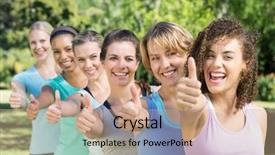  Presentation with group fitness - PPT theme featuring fitness group smiling at camera background and a coral colored foreground