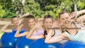  Presentation with group fitness - Colorful slides enhanced with fitness group using exercise balls in park on a sunny day backdrop and a coral colored foreground