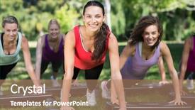  Presentation with group fitness - Presentation consisting of fitness group using steps in park on a sunny day background and a coral colored foreground
