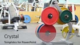  Presentation with variety of sports equipment - Cool new theme with fitness gym with sports equipment backdrop and a light gray colored foreground
