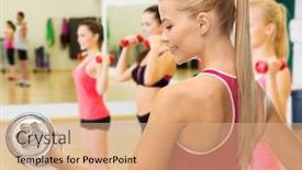  Presentation with health diet - Slide set featuring fitness health and diet concept - young sporty woman with heavy steel dumbbell background and a coral colored foreground