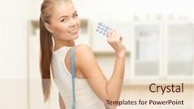  Presentation with health diet - Theme enhanced with fitness health pharmacy and diet concept - sporty woman with measuring tape and diet pills background and a lemonade colored foreground