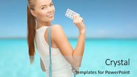  Presentation with health diet - Presentation consisting of fitness health pharmacy and diet concept - sporty woman with measuring tape and diet pills background and a arctic colored foreground