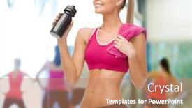  Presentation with bottle water - Slide set with fitness healthcare and dieting concept - smiling sporty woman drinking water from sportsman bottle background and a coral colored foreground