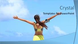  Presentation with blue music - PPT layouts having fitness healthy lifestyle runner exercise success happy woman running with open arms in freedom listening to music with earphones and smartphone armband on blue copy space sky background and a light blue colored foreground