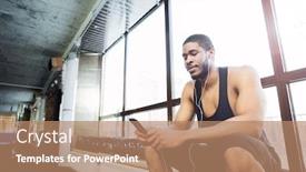  Presentation with workout - PPT theme with fitness healthy man with headphones using smartphone in the gym after workout background and a coral colored foreground
