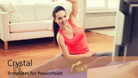  Presentation with diet - Presentation theme with fitness home and diet concept - smiling teenage girl stretching on floor and watching tv at home background and a coral colored foreground