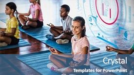  Presentation with school kids - Presentation design having fitness interface against school kids background and a teal colored foreground