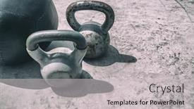  Presentation with heavy weight - PPT theme enhanced with fitness-kettlebells-weights-gym-background background and a light gray colored foreground