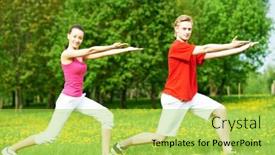  Presentation with physical fitness - Colorful presentation enhanced with fitness man and woman doing physical stretching exercises during outdoors sport training backdrop and a yellow colored foreground