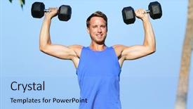  Presentation with lifting weights - Presentation theme with fitness man dumbbell weights training background and a  colored foreground