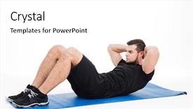  Presentation with press - Cool new slide deck with fitness man shakes press in studion on mat isolated white background backdrop and a white colored foreground