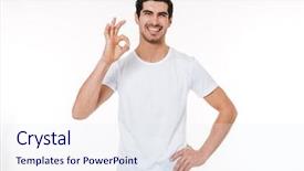  Presentation with fitness - Colorful PPT theme enhanced with fitness man showing okay backdrop and a sky blue colored foreground