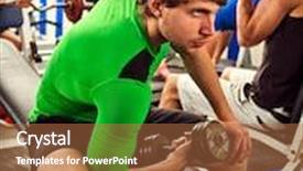  Presentation with running treadmill - Cool new slides with fitness men friends in gym workout weights with equipment muscle man holding dumbbell workout at gym chrome dumbbells in strong male hands indoor running on treadmill girl in background backdrop and a red colored foreground