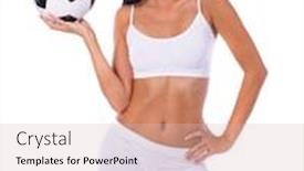  Presentation with soccer fitness - Presentation consisting of fitness model holding a soccer ball young beautiful brunette woman in sporty clothing on white isolated background background and a lemonade colored foreground