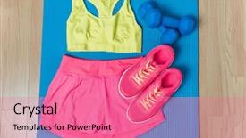  Presentation with sports shoes - Beautiful presentation design featuring fitness outfit clothes -sports bra backdrop and a coral colored foreground