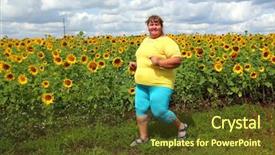  Presentation with fitness - Presentation theme consisting of fitness - overweight woman running along field of sunflowers background and a tawny brown colored foreground