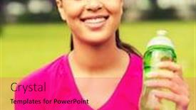  Presentation with sport drink - Cool new PPT theme with fitness park drink and sport concept - smiling african american woman sitting and holding bottle outdoors backdrop and a red colored foreground