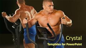  Presentation with machines - Slides with fitness - powerful muscular man is engaged on the xtrainer machines at the gym background and a wine colored foreground