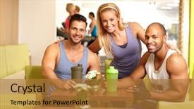  Presentation with bar - Cool new PPT layouts with fitness relation - athletic young people in gym backdrop and a gold colored foreground