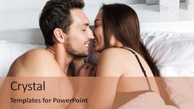  Presentation with bed - Colorful slide deck enhanced with fitness relation - beautiful young couple laying backdrop and a coral colored foreground