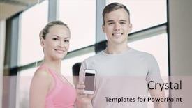  Presentation with personal - PPT theme featuring fitness sport advertising technology and diet concept - smiling young woman and personal trainer with smartphone blank screen in gym background and a soft green colored foreground