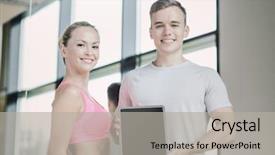  Presentation with advertising - Theme having fitness sport advertising technology and diet concept - smiling young woman and personal trainer with tablet pc blank screen in gym background and a light gray colored foreground
