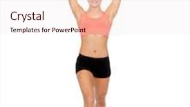  Presentation with stepping - Presentation featuring fitness sport and dieting concept - smiling sporty woman with barbell stepping forward background and a sky blue colored foreground